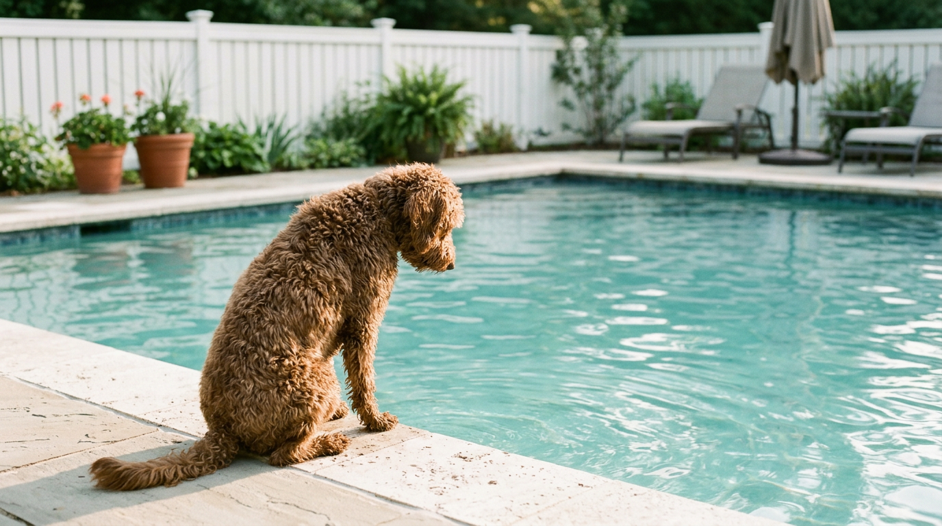 A brown curly-coated dog sitting on the stone edge of a backyard pool, looking down at the water