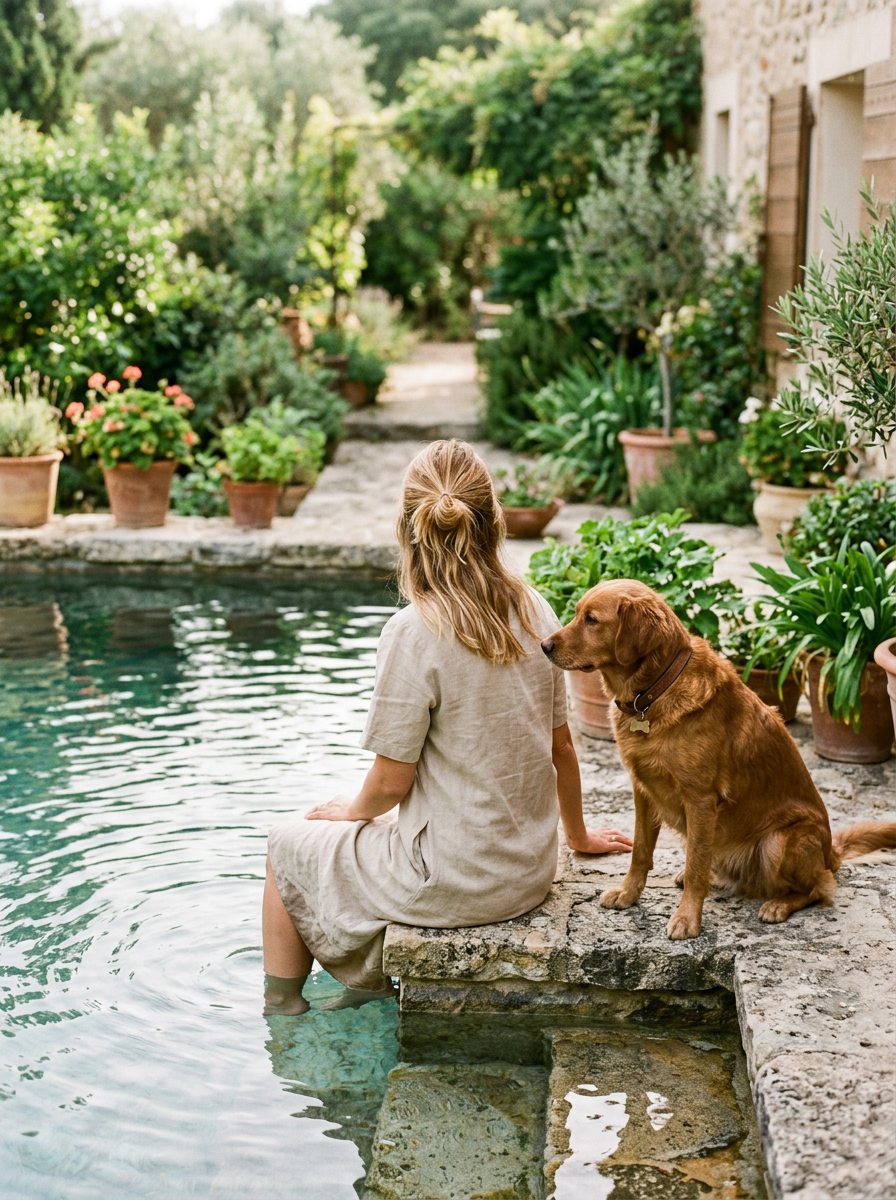A woman in a linen dress sitting on the stone step of a pool with her feet in the water, a golden dog sitting beside her