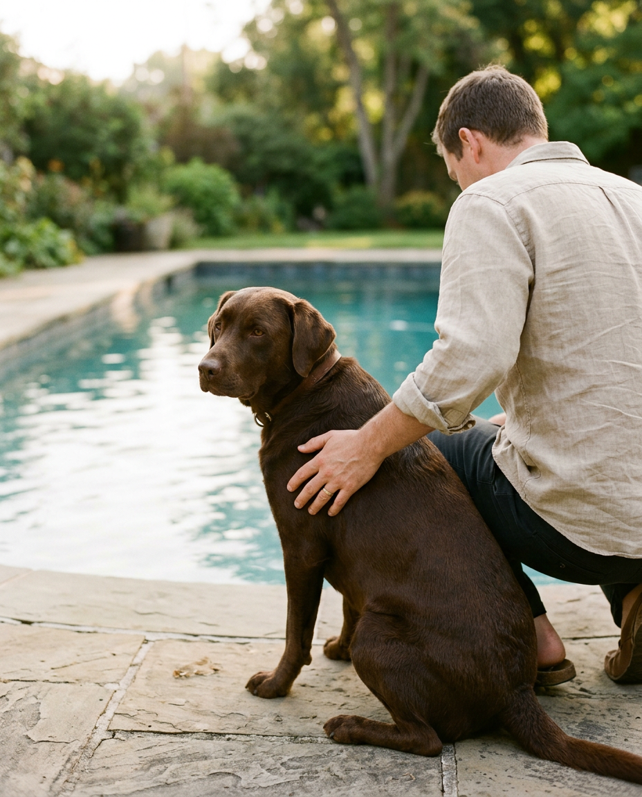A person in a linen shirt crouched at the pool edge with a hand resting on a calm chocolate Labrador