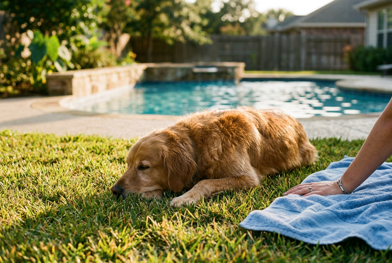 A golden retriever resting on the lawn beside a pool, with a towel and a hand beside it