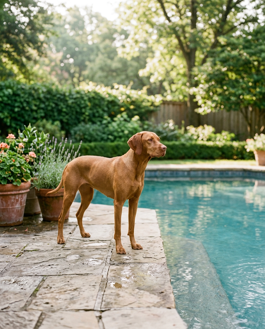 A red-brown dog standing on the stone deck a few steps back from the edge of a pool