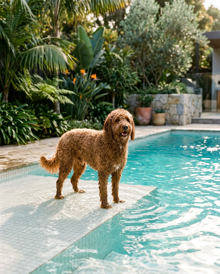 A curly brown dog standing on the wide top step of a pool with water over its paws