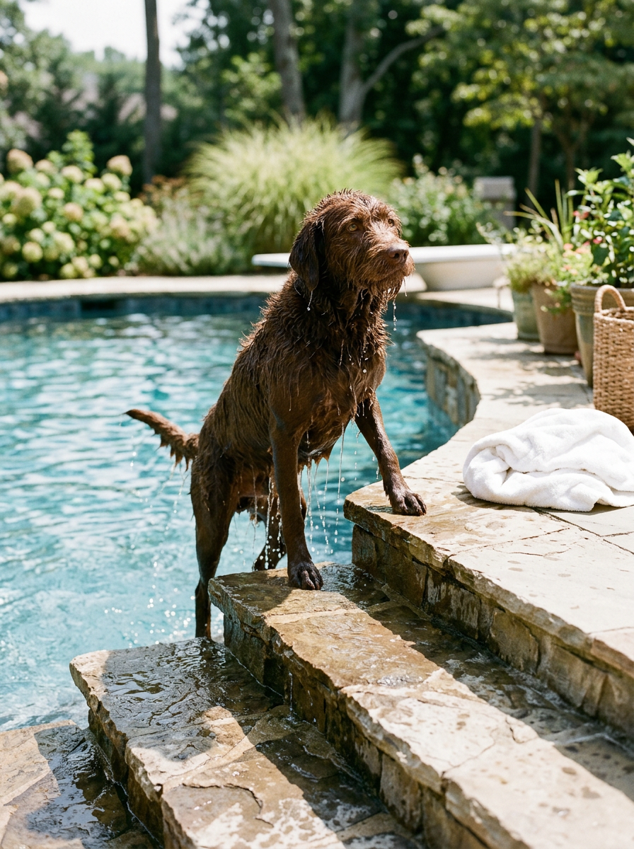 A wet chocolate dog climbing the stone steps out of a pool, a folded white towel waiting on the deck