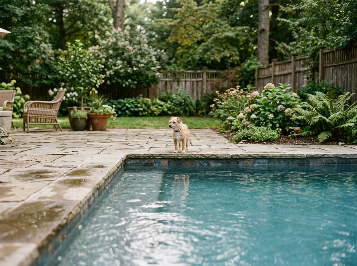 A small tan dog standing far from the pool on the stone patio, watching the water