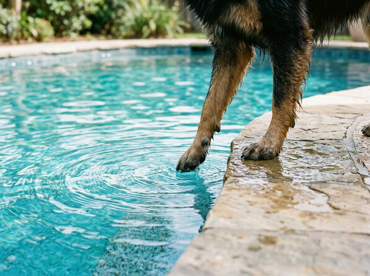 A dog’s front paws just touching the water at the edge of a pool