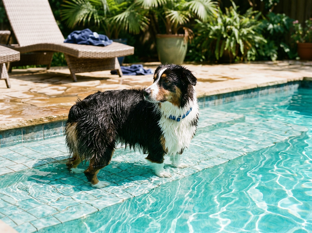 A black and white dog wading belly-deep on the shallow ledge of a pool