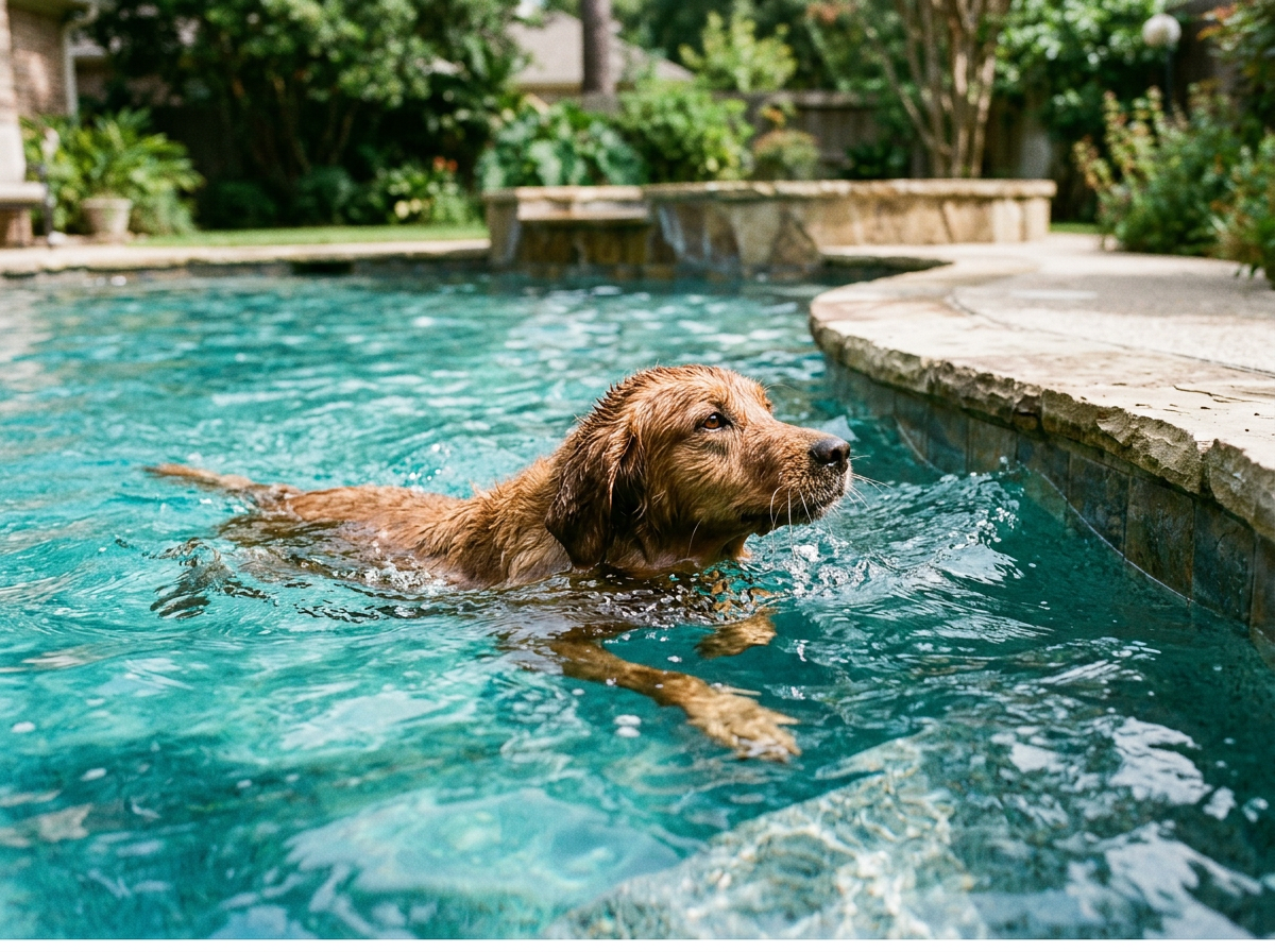 A golden dog swimming in a pool with its head up