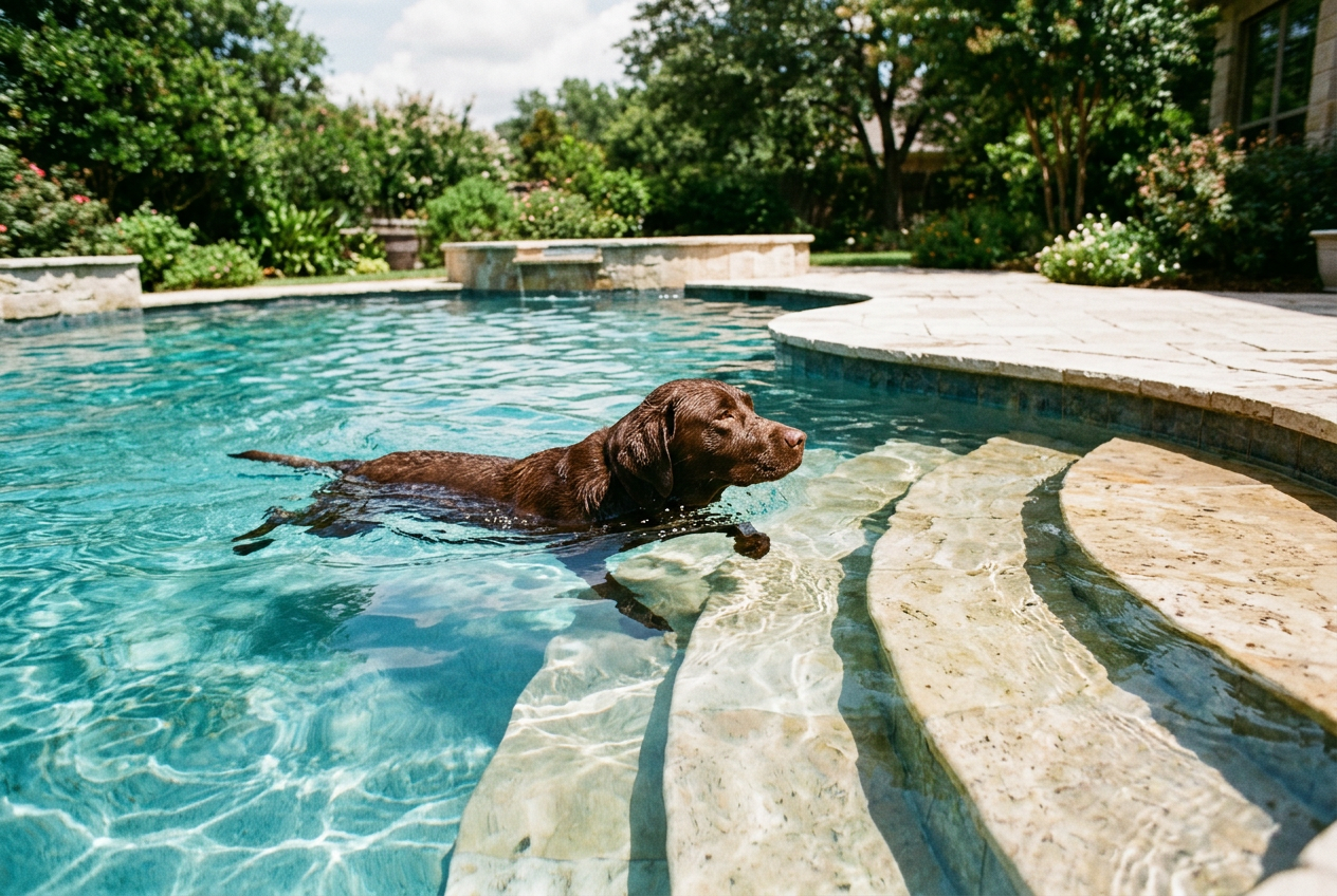 A chocolate Labrador swimming calmly toward the stone steps of a pool